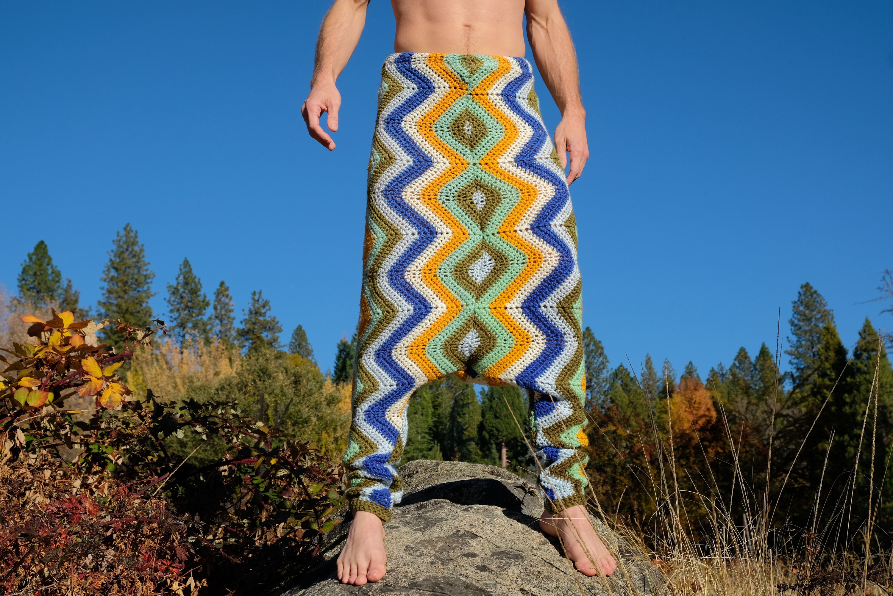 Crochet Pants Blue Yellow Green Harem Pants S