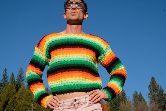 Crochet Sweater Neon Orange to Green Gradient M