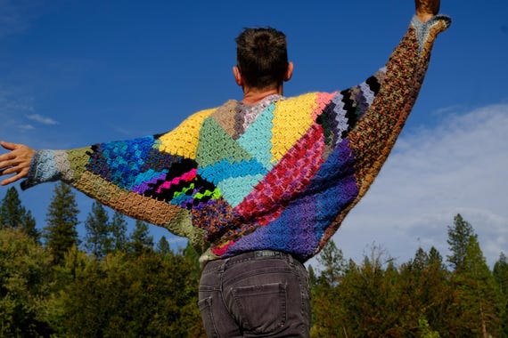 Crochet Sweater Rainbow Neon Polygons on Triangle Sleeves M