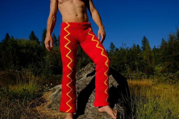 Crochet Pants Yellow Stripe on Red Lightning S