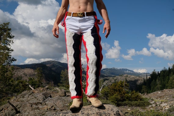 Crochet Chaps Red White and Blue Stripes and Pompoms