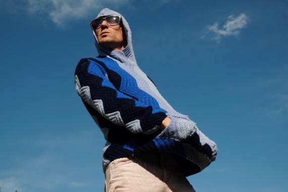 Crochet Hoodie Blue ZigZags S