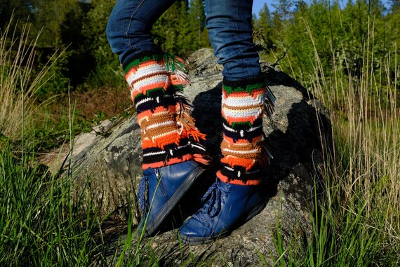 Crochet Leg Warmers Black Stripe with Fringe Wool