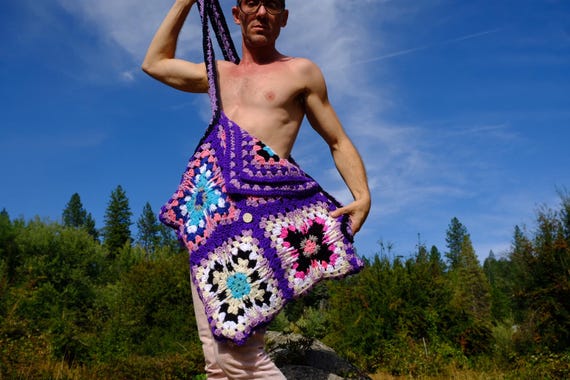 Crochet Tote Bag Giant Beach Tote Diamond Shaped  with Button