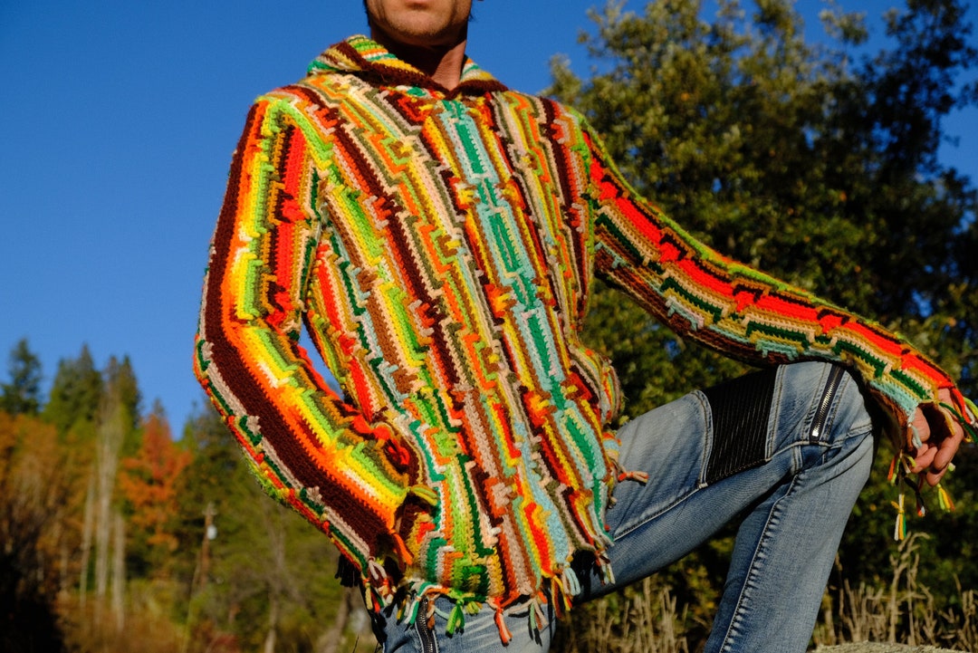 Crochet Drug Rug Psychedelic Stripes and Pockets Hoodie S Etsy