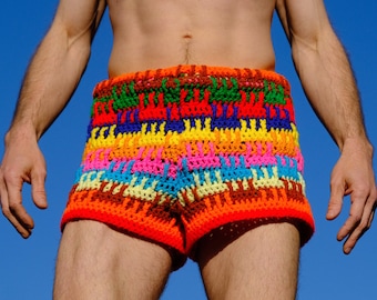 Crochet Shorts Rainbow Basket Stripes M