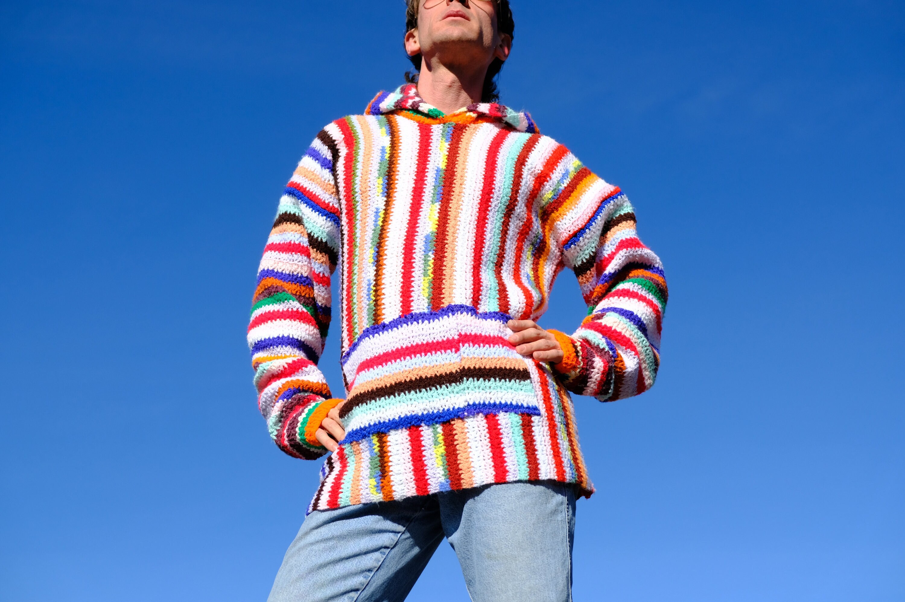 Crochet Sweater Multicolor Stripe Baja Hoodie M