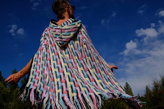 Crochet Cape Hoodie Pastel and Black Stripe