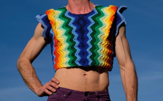 Crochet Rainbow Crop Top Galactic Shoulders Pride M