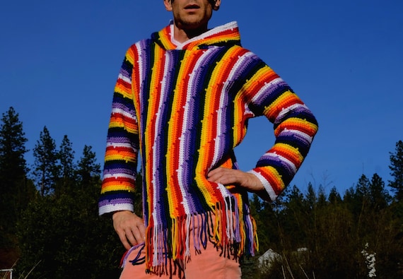 Crochet Hoodie Rainbow Stripes and Fringe S