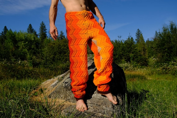 Crochet Pants Orange ZigZags XL Baggy Long Legs