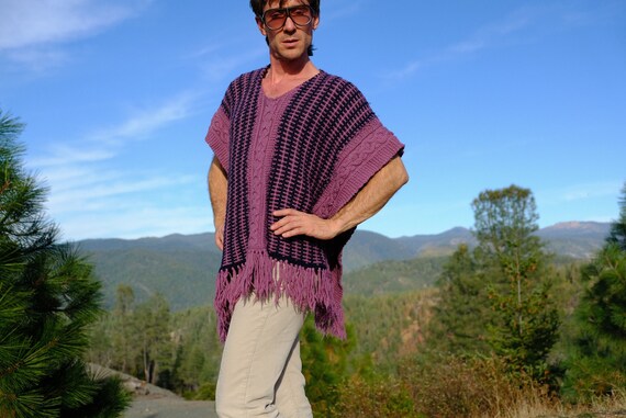 Knit Poncho Purple and Black Stripes and Cables