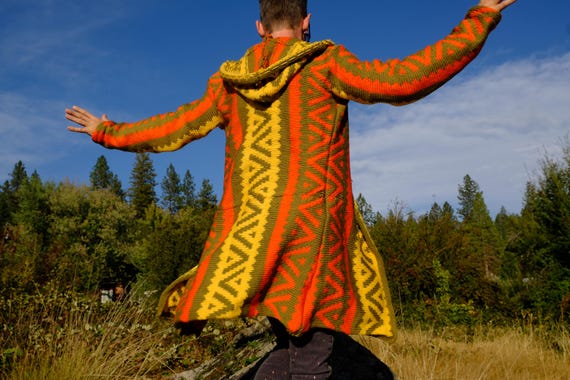 HandKnit Wool Hoodie Bright Orange Yellow Olive Geometric ZigZag Stripes M