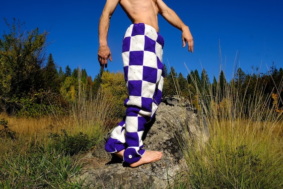 Crochet Pants Purple and White Checkerboard XL