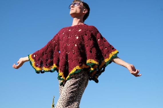 Crochet Poncho Burgundy Pentagon with Trim M