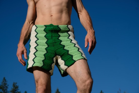 Knit Shorts Green White ZigZag Stripes M