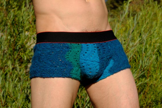 HandKnit Boxer Briefs Soft Wool Blue Waves S