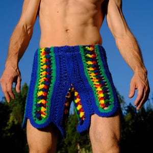 Crochet Shorts Blue Green Stripes and Rainbow Points S