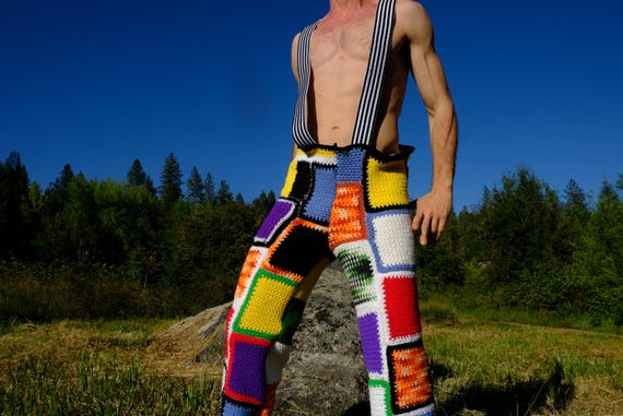 Crochet Overalls Multicolor Squares and Elastic Straps M