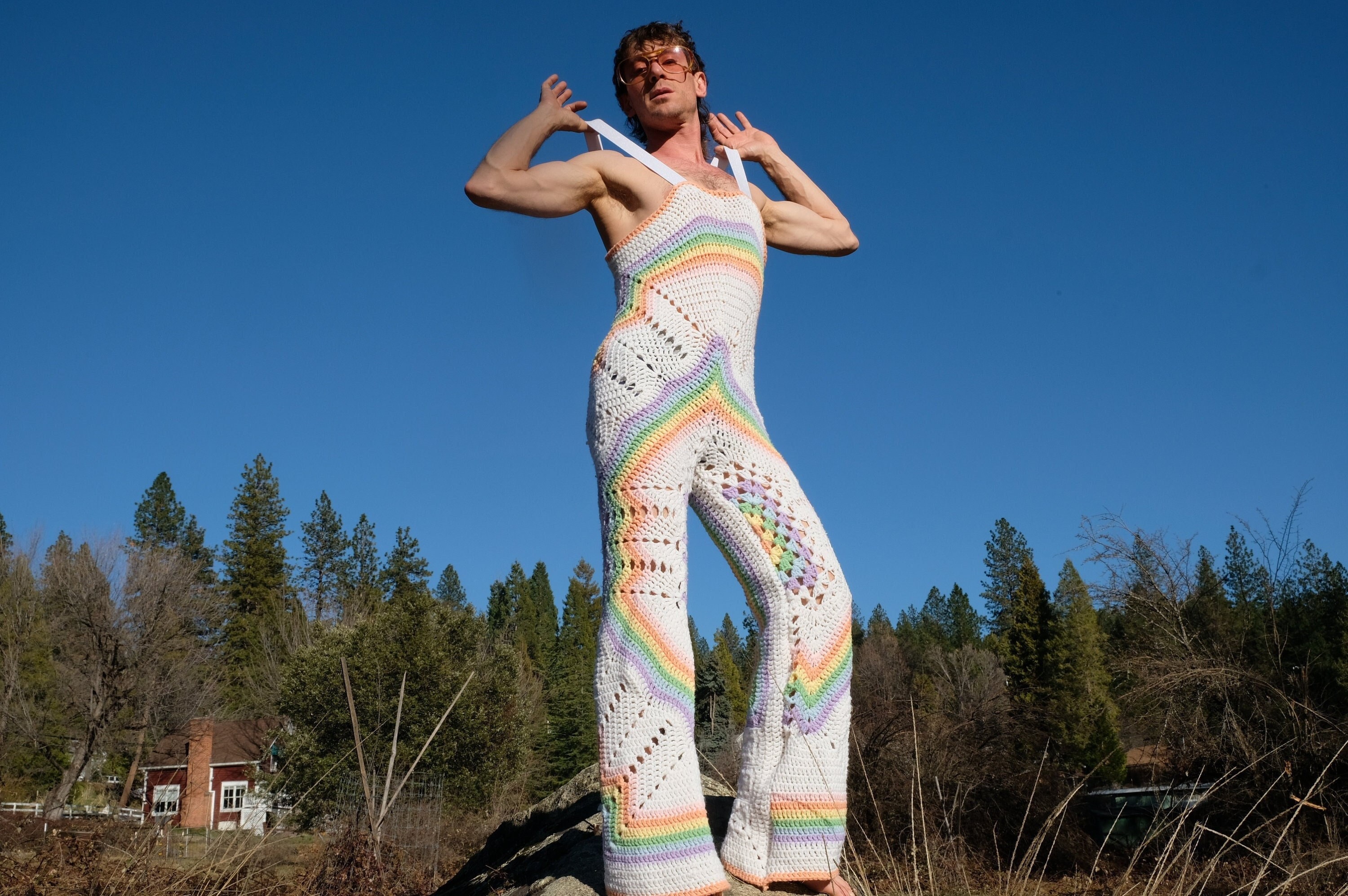 Crochet Overalls Onesie Pastel Rainbow White Jumpsuit M Long Legs