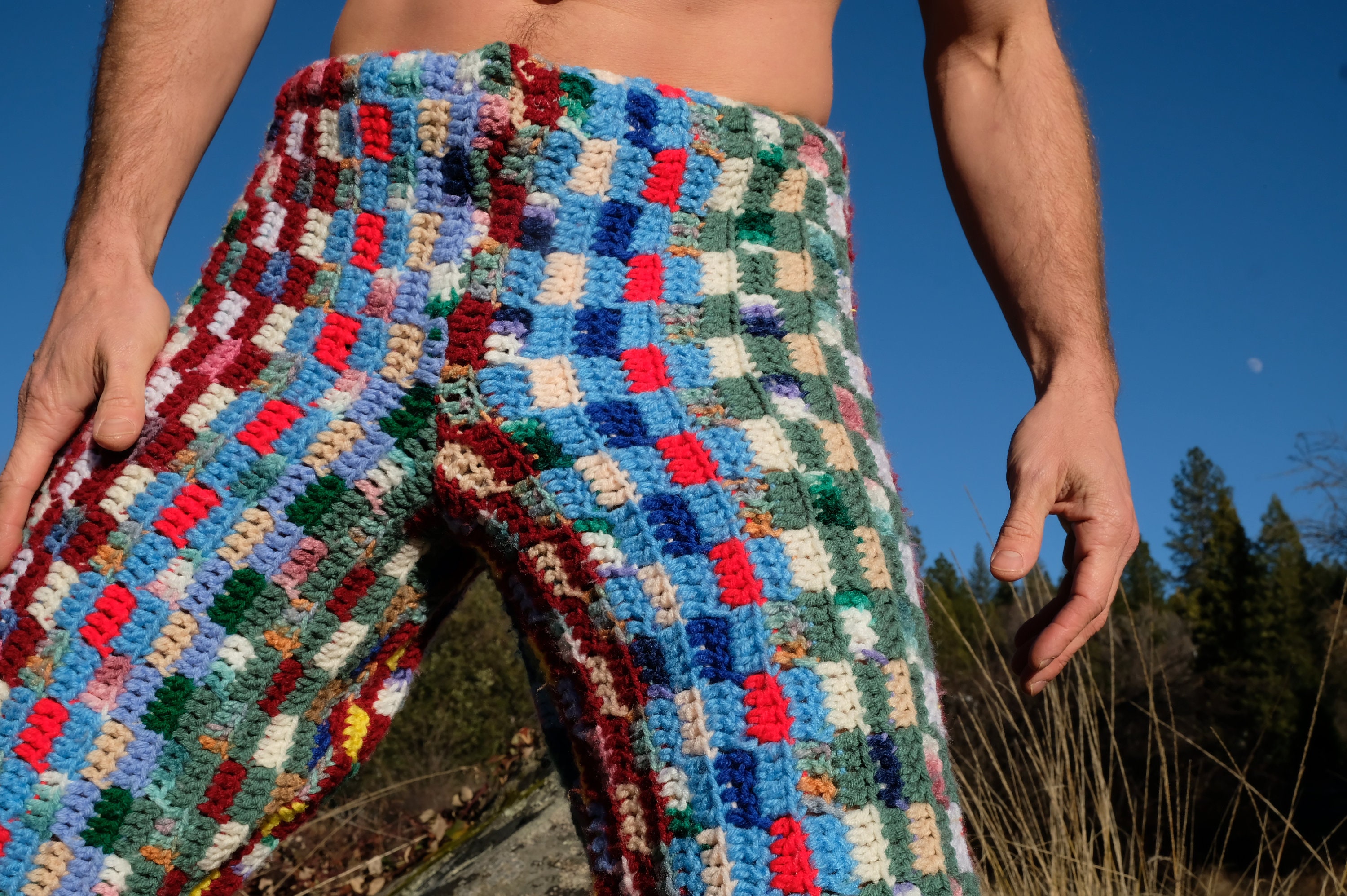 Crochet Pants Multicolor Checkerbox Baggy M