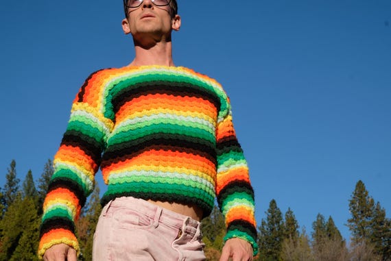 Crochet Sweater Neon Orange to Green Gradient M