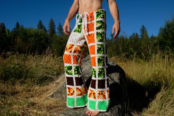 Crochet Pants Green and Orange Squares on White L