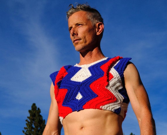 Crochet Crop Top Red White and Blue ZigZags and Wingdings S