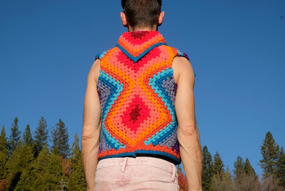 Crochet Sweater Vest Turquoise to Neon Orange and Purple Diamond and Vs Ultra Comfortable M