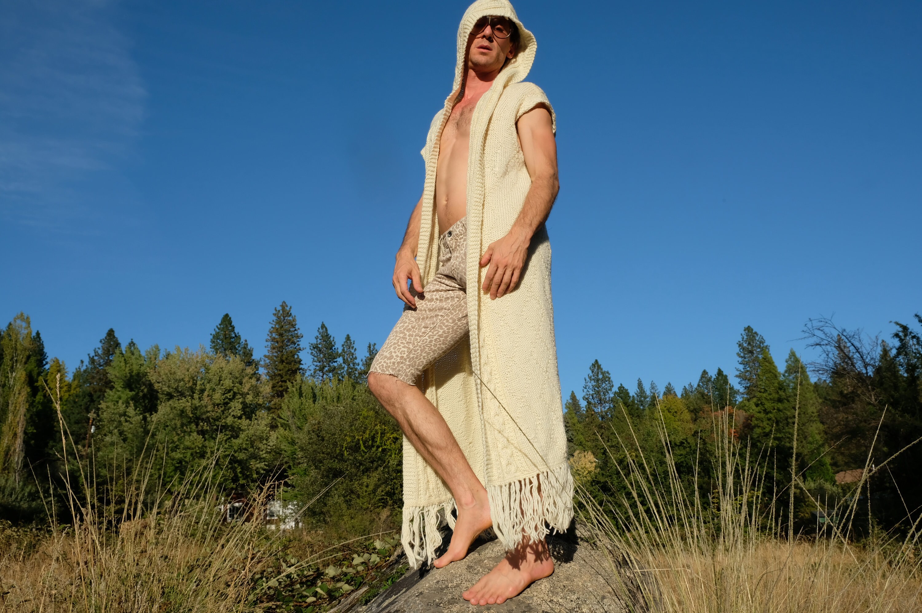 Knit Sweater Robe Sleeveless Hoodie Cables and Diamonds L