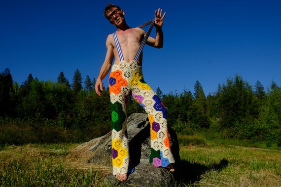 Crochet Overalls Multicolor Honeycomb Hexagons and Elastic Straps S