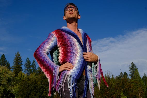 Crochet Hoodie Sapphire to Purple Green Gradient Fringe S