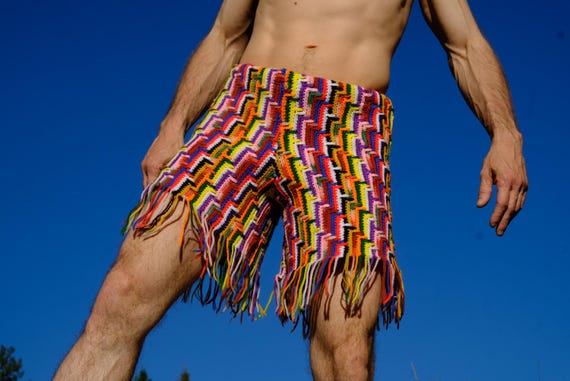 Crochet Shorts Multicolor Tetris Stripe and fringe S