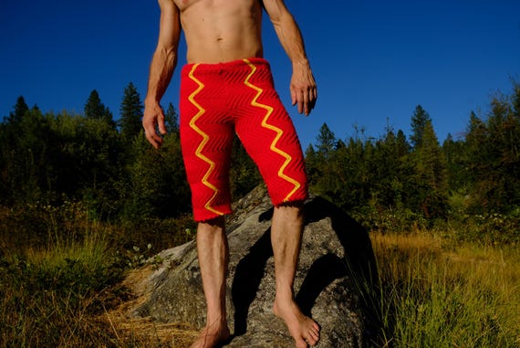 Crochet Shorts Yellow Lightning Bolts on Red Knee Length M