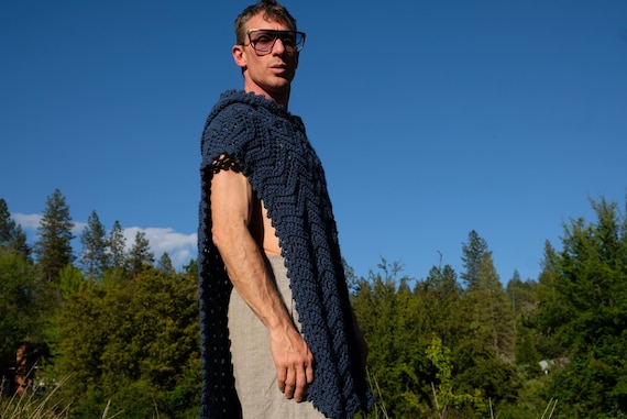 Crochet Poncho Steel Blue Hoodie M Any Size