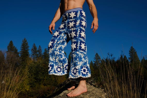 Crochet Pants 3/4 Length Blue Squares and Stars
