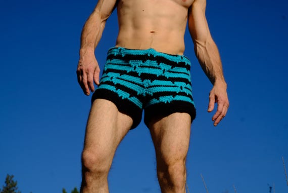 Crochet Booty Shorts Turquoise and Black Stripes L