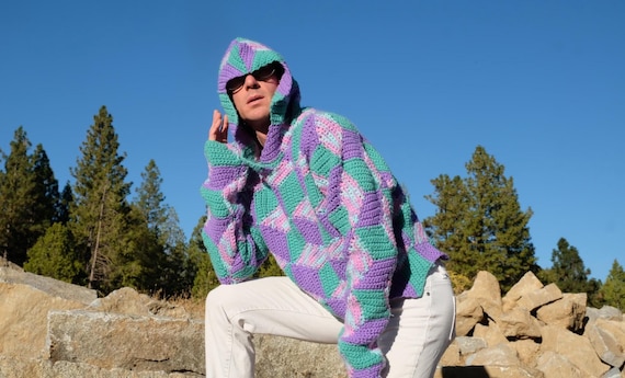 Crochet Sweater Falling Blocks Diamond Hoodie S/M/L