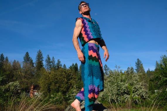 Wool Knit Purple and Blue Baggy DropCrotch Pants and Vest Hoodie M