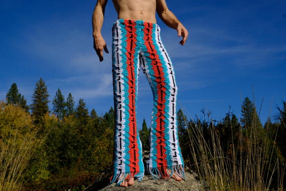 Crochet Pants Red Turquoise Black Stripe Raised 3D Pattern L