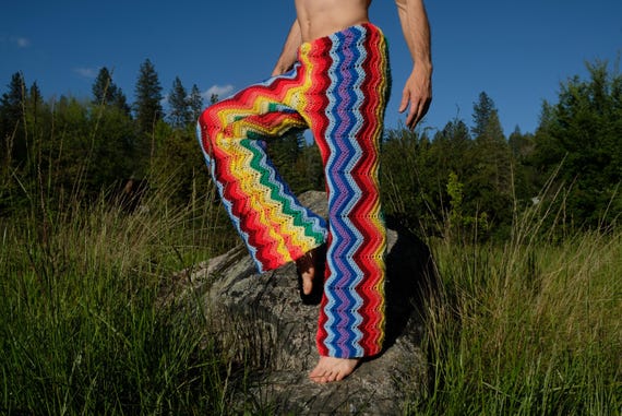 Crochet Pants Rainbow Drip ZigZag Stripe L