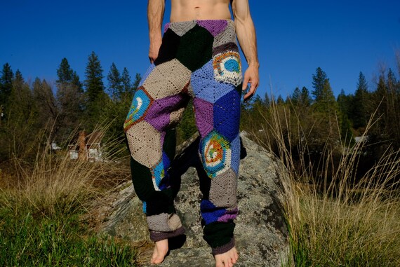 Crochet Comfy Pants Multicolor Hexagons L with Pocket