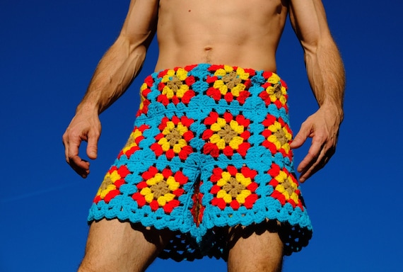 Crochet Shorts Bright Red Yellow Flowers on Turquoise Squares XL