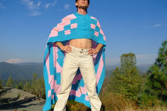 Crochet Cape Turquoise Blue and Pink Shawl L