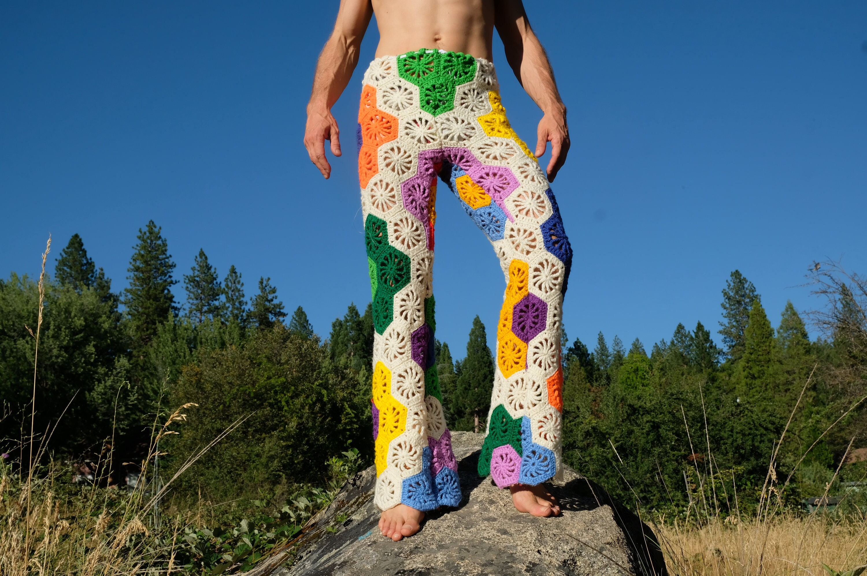 Crochet Pants Multicolor Hexagon Wheels on White
