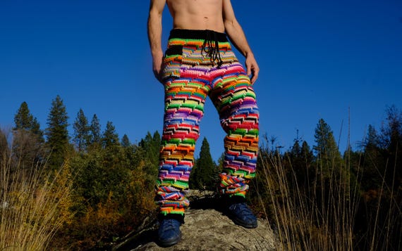 Crochet Pants Neon Rainbow Sweatpants with Stripes and Pocket L