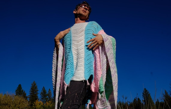 Knit Poncho Pastel Panels L