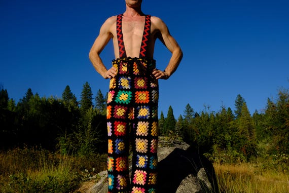 Crochet Overalls Multicolor Squares on Black Wool M Tall