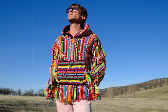 Crochet Baja Hoodie Rainbow Neon Stripes and Fringe M