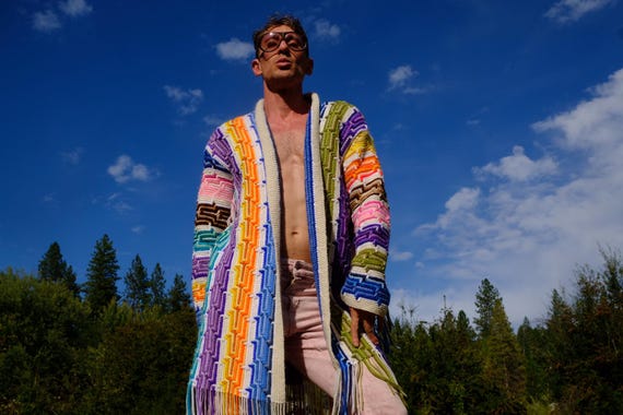 Crochet Robe Aztec Stripe Rainbow on White L